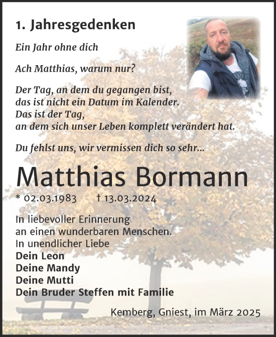 Traueranzeige von Matthias Bormann von Trauerkombi Wittenberg