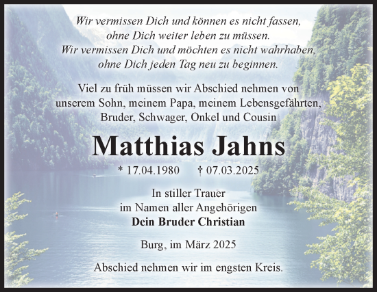 Traueranzeige von Matthias Jahns 