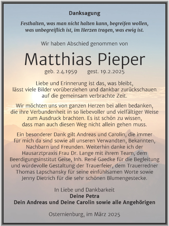 Traueranzeige von Matthias Pieper von Trauerkombi Köthen