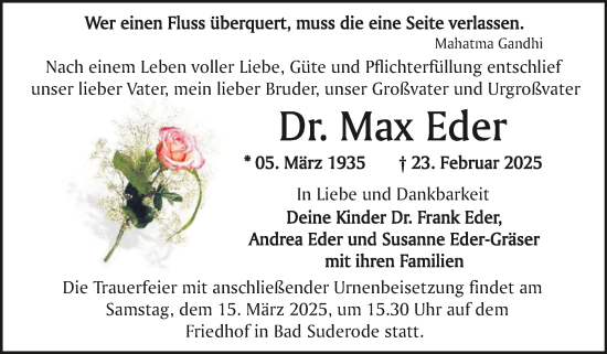 Traueranzeige von Max Eder von Trauerkombi Quedlinburg
