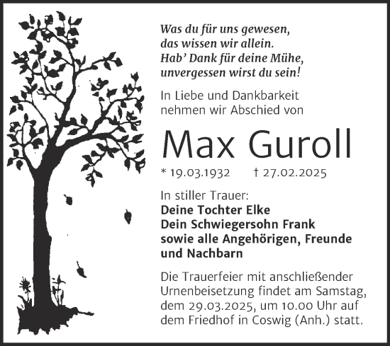 Traueranzeige von Max Guroll von Trauerkombi Wittenberg
