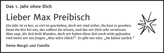 Traueranzeige von Max Preibisch von Trauerkombi Bernburg
