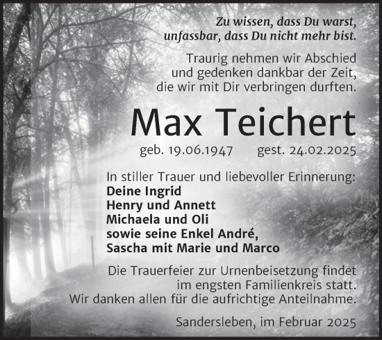 Traueranzeige von Max Teichert von Trauerkombi Mansfelder Land