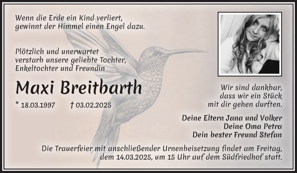  Traueranzeige für Maxi Breitbarth vom 01.03.2025 aus Volksstimme Magdeburg