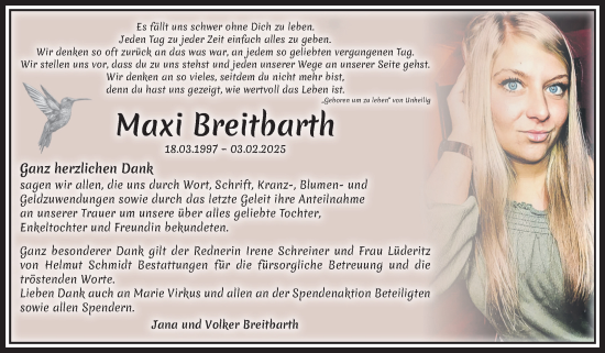 Traueranzeige von Maxi Breitbarth von Volksstimme Magdeburg