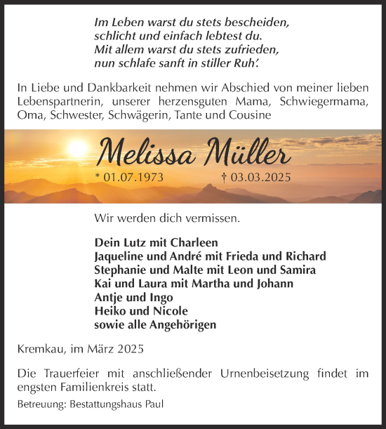 Traueranzeige von Melissa Müller von Volksstimme Altmark Ost