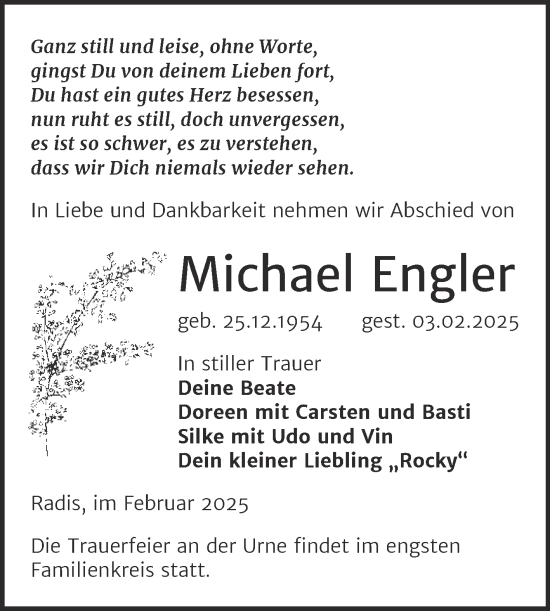 Traueranzeige von Michael Engler von Trauerkombi Wittenberg