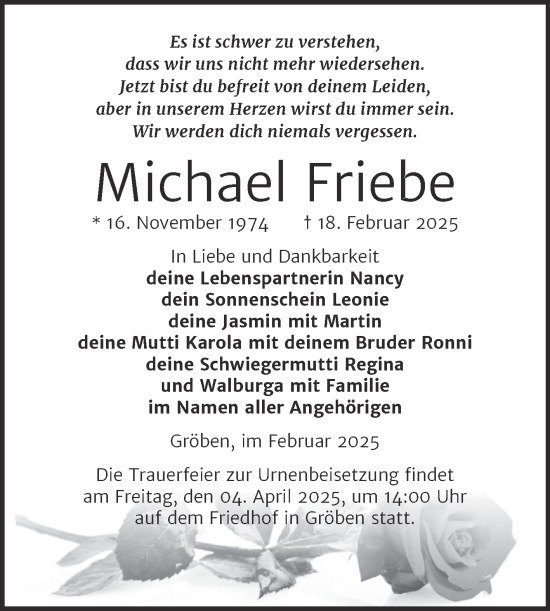 Traueranzeige von Michael Friebe von Trauerkombi Weißenfels