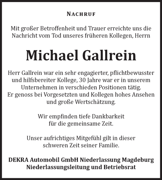 Traueranzeige von Michael Gallrein von Volksstimme Haldensleben/Wolmirstedt