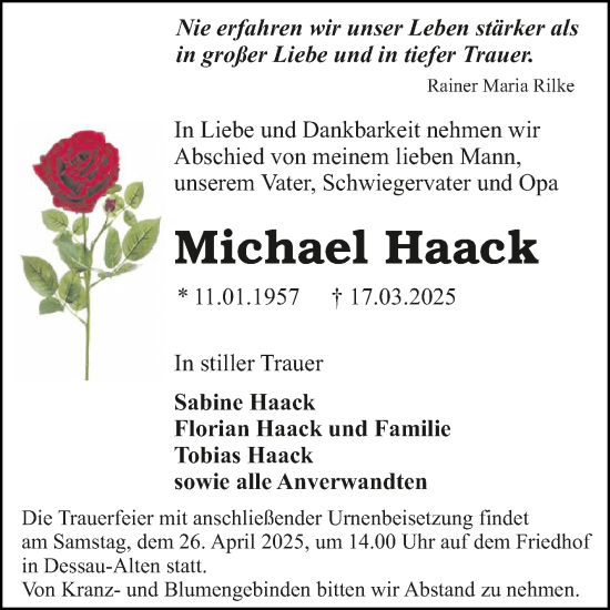 Traueranzeige von Michael Haack von Trauerkombi Dessau