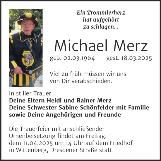 Traueranzeige von Michael Merz von Trauerkombi Wittenberg