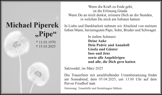 Traueranzeige von Michael Piperek von Volksstimme Altmark West