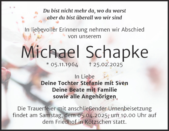 Traueranzeige von Michael Schapke von Trauerkombi Merseburg