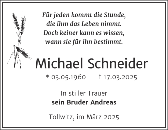 Traueranzeige von Michael Schneider von Trauerkombi Merseburg