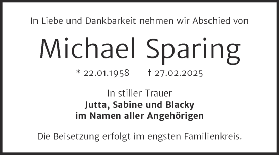 Traueranzeige von Michael Sparing von Trauerkombi Bernburg