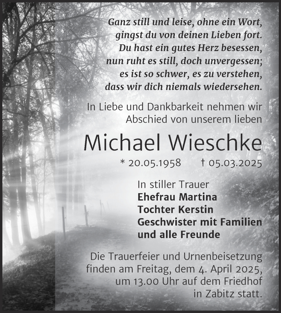  Traueranzeige für Michael Wieschke vom 08.03.2025 aus Trauerkombi Köthen