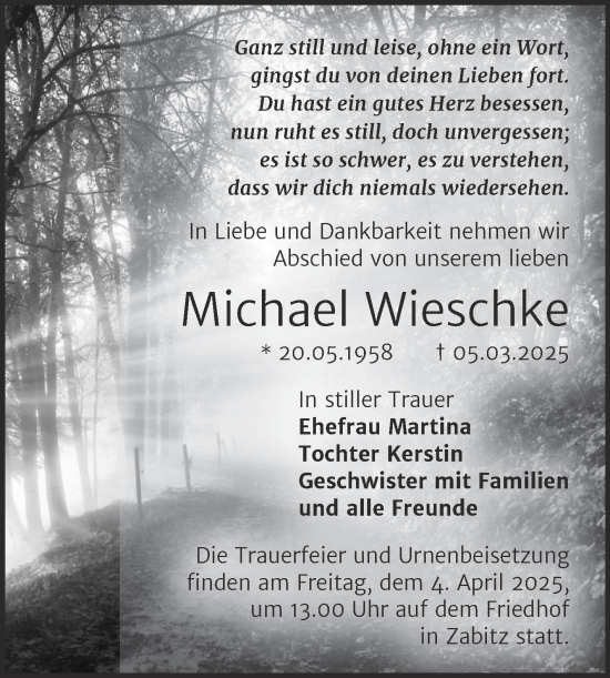 Traueranzeige von Michael Wieschke von Trauerkombi Köthen