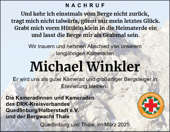 Traueranzeige von Michael Winkler von Super Sonntag Quedlingburg