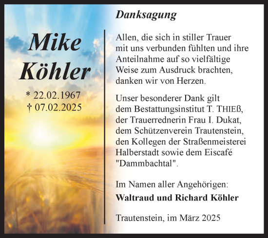Traueranzeige von Mike Köhler von Volksstimme Wernigerode