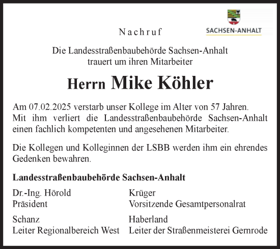Traueranzeige von Mike Köhler von Volksstimme Wernigerode