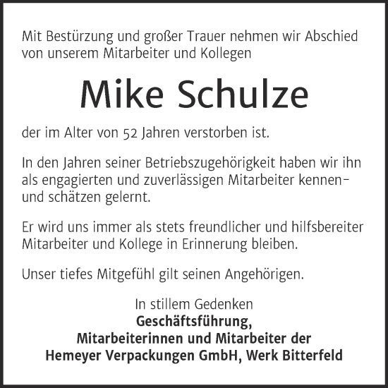 Traueranzeige von Mike Schulze von SuperSonntag Bitterfeld