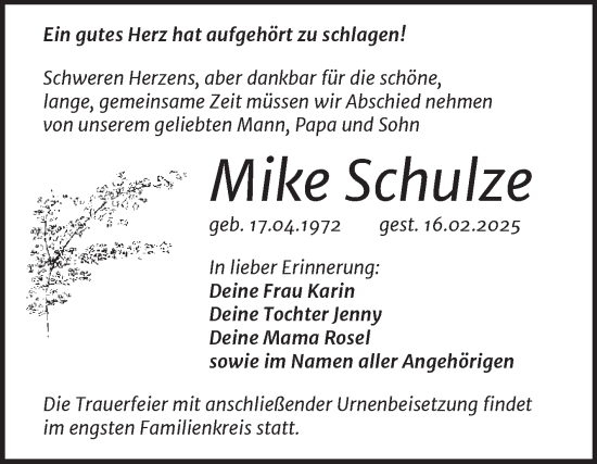 Traueranzeige von Mike Schulze von SuperSonntag Bitterfeld