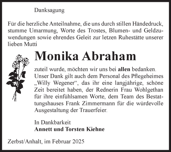 Traueranzeige von Monika Abraham von Volksstimme Zerbst