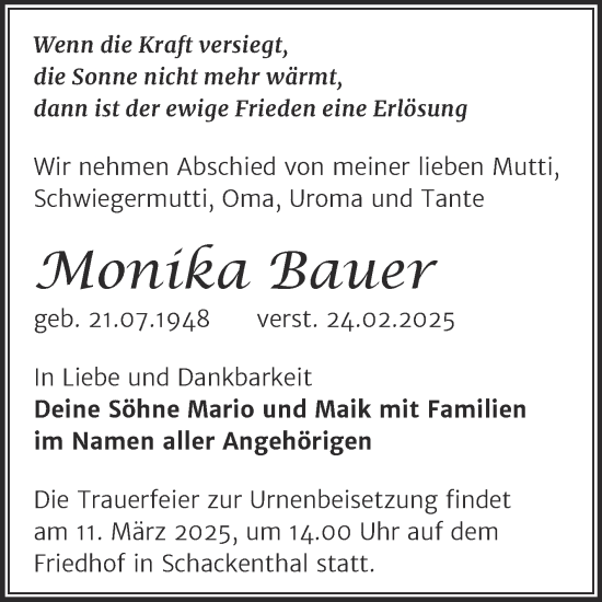 Traueranzeige von Monika Bauer von Trauerkombi Aschersleben