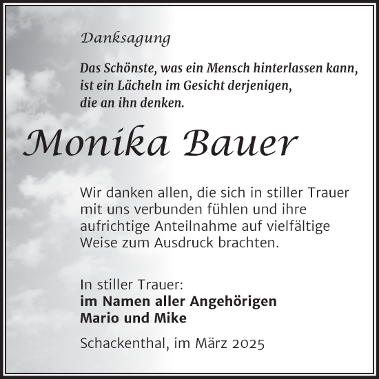 Traueranzeige von Monika Bauer von Trauerkombi Aschersleben