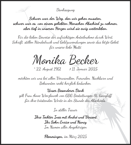 Traueranzeige von Monika Becker von Super Sonntag Naumburg/Nebra