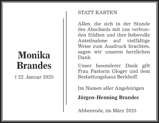 Traueranzeige von Monika Brandes von Volksstimme Wernigerode