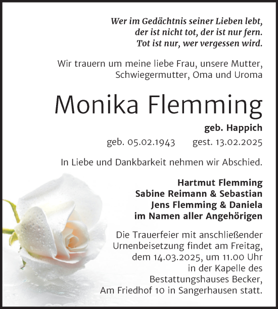 Traueranzeige von Monika Flemming von Trauerkombi Sangerhausen