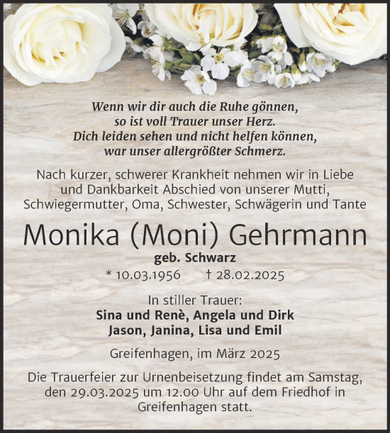 Traueranzeige von Monika Gehrmann von Trauerkombi Mansfelder Land