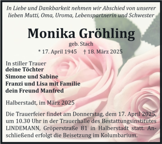 Traueranzeige von Monika Gröhling von Volksstimme Halberstadt