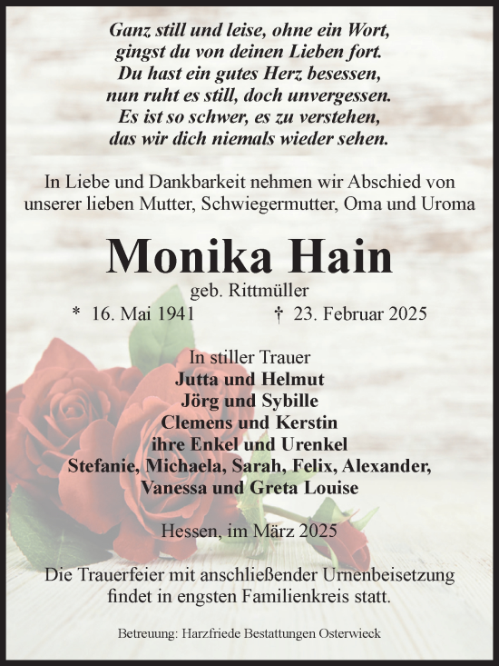 Traueranzeige von Monika Hain von Volksstimme Halberstadt