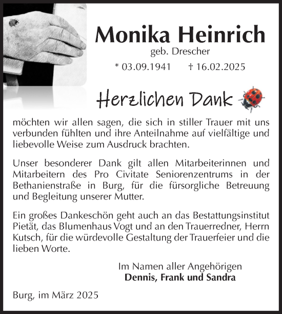Traueranzeige von Monika Heinrich von Volksstimme Burg/Genthin