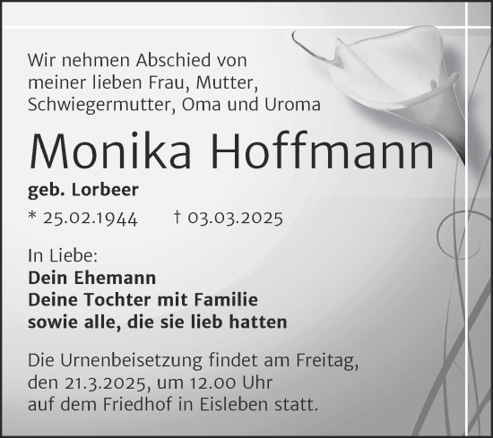 Traueranzeige von Monika Hoffmann von Trauerkombi Mansfelder Land
