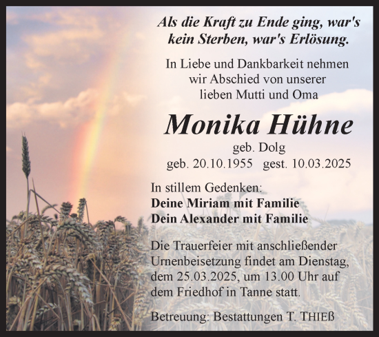 Traueranzeige von Monika Hühne von Volksstimme Wernigerode