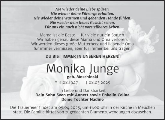Traueranzeige von Monika Junge von Trauerkombi Weißenfels