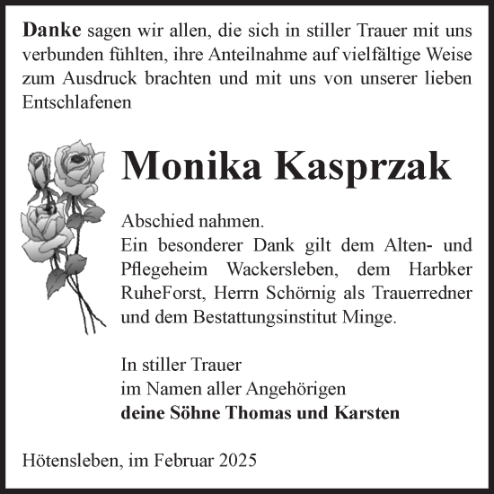Traueranzeige von Monika Kasprzak von Volksstimme Oschersleben/Wanzleben