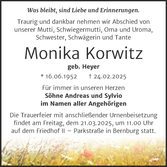 Traueranzeige von Monika Korwitz von Trauerkombi Bernburg