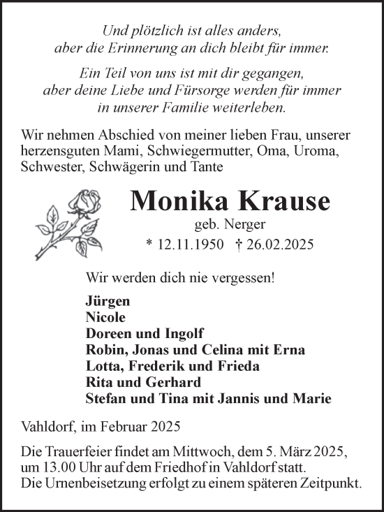 Traueranzeige von Monika Krause von Volksstimme Haldensleben/Wolmirstedt