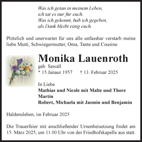 Traueranzeige von Monika Lauenroth von Volksstimme Haldensleben/Wolmirstedt