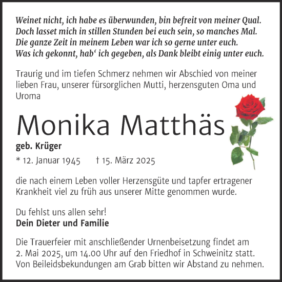 Traueranzeige von Monika Matthäs von Trauerkombi Wittenberg