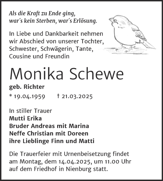 Traueranzeige von Monika Schewe von Trauerkombi Bernburg