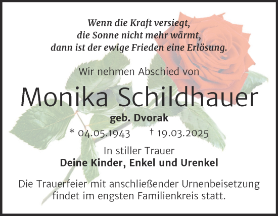 Traueranzeige von Monika Schildhauer von Trauerkombi Wittenberg