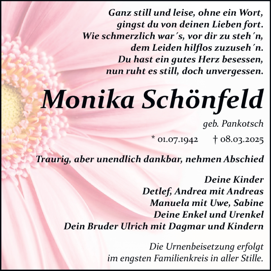 Traueranzeige von Monika Schönfeld von Trauerkombi Bitterfeld