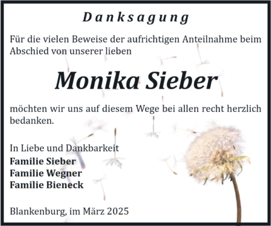 Traueranzeige von Monika Sieber von Volksstimme Wernigerode