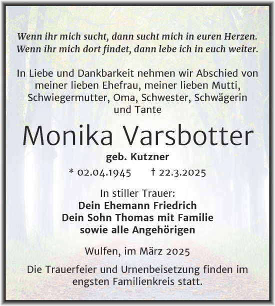 Traueranzeige von Monika Varsbotter von Trauerkombi Köthen