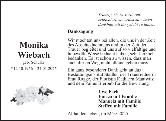 Traueranzeige von Monika Wiebach von Volksstimme Haldensleben/Wolmirstedt